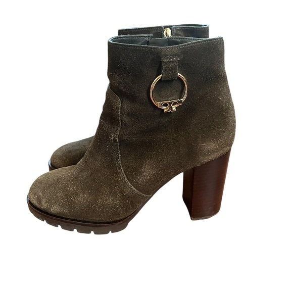 Tory Burch Green Suede Sofia Logo Lug Sole Ankle Chunky Booties Boots SZ 7.5 - Picture 3 of 15